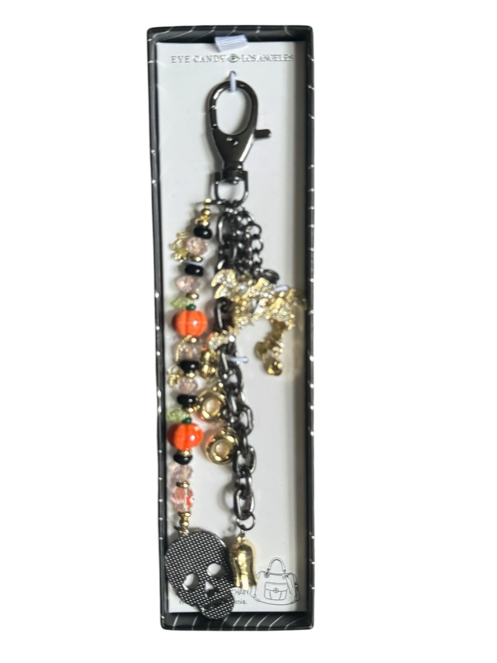 eye candy Gold & Black Keychain with Orange Beads and Skull Charm NIB